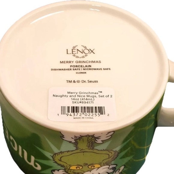 LENOX Merry Grinchmas Dr. Seuss GRINCH Mugs Set of 2~Naughty & Nice 14 oz NEW - Picture 7 of 9